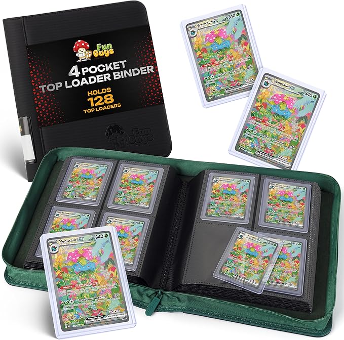 FunGuys Toploader Binder – 4 Pocket Trading Card Binder for 128 Top Loaders, Pokemon Card Binder, MTG, Yugioh, Sports Cards, TCG Storage Album, Zipper Card Collector Folder