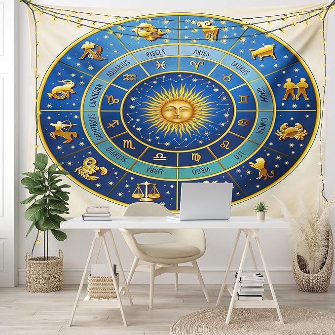 Ambesonne Astrology Tapestry, Wheel of Astrological Signs Names Dates Moon Sun in Middle, Fabric Wall Hanging Decor for Bedroom Living Room Dorm, 30" X 45", Blue Yellow and Cream