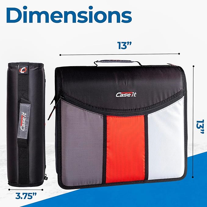 Case-it The Mighty Zip Tab Zipper Binder - 3 Inch O-Rings - 5 Color Tab Expanding File Folder - Multiple Pockets - 600 Sheet Capacity - Comes with Shoulder Strap - Jet Black D-156-N (Pack of 3)