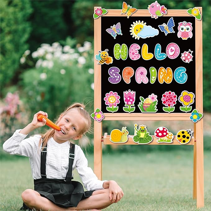 70 Pcs Hello Spring Bulletin Board Decorations - Colorful Hello Spring Cut-Outs Cute Flower Butterfly Bird Bee Bulletin Border Wall Decals for Kids DIY Craft School Classroom Decor