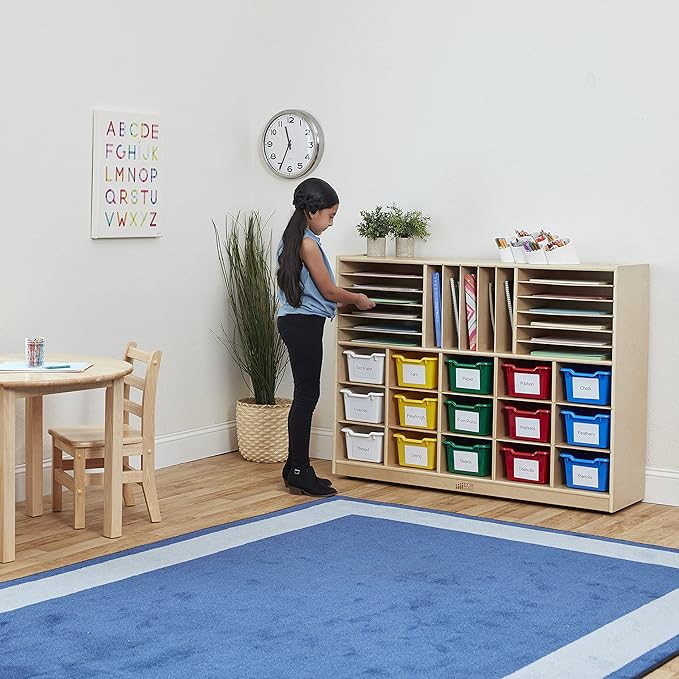 ECR4Kids Multi-Section Mobile Cabinet with Scoop Front Storage Bins, Classroom Furniture, Assorted, 16-Piece