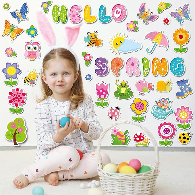 70 Pcs Hello Spring Bulletin Board Decorations - Colorful Hello Spring Cut-Outs Cute Flower Butterfly Bird Bee Bulletin Border Wall Decals for Kids DIY Craft School Classroom Decor