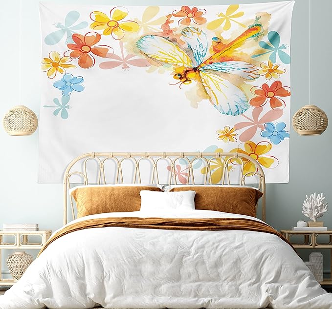 Ambesonne Dragonfly Tapestry, Abstract Grunge Vintage Design Moth Spring Flowers Floral Frame Art Print, Fabric Wall Hanging Decor for Bedroom Living Room Dorm, 23" X 28", Yellow Orange