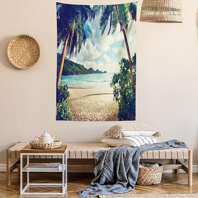 Ambesonne Palm Tree Tapestry, Summer Beach Vintage Style Tropical Sunset Picture Print, Fabric Wall Hanging Decor for Bedroom Living Room Dorm, 23" X 28", Dark Green Sand Brown