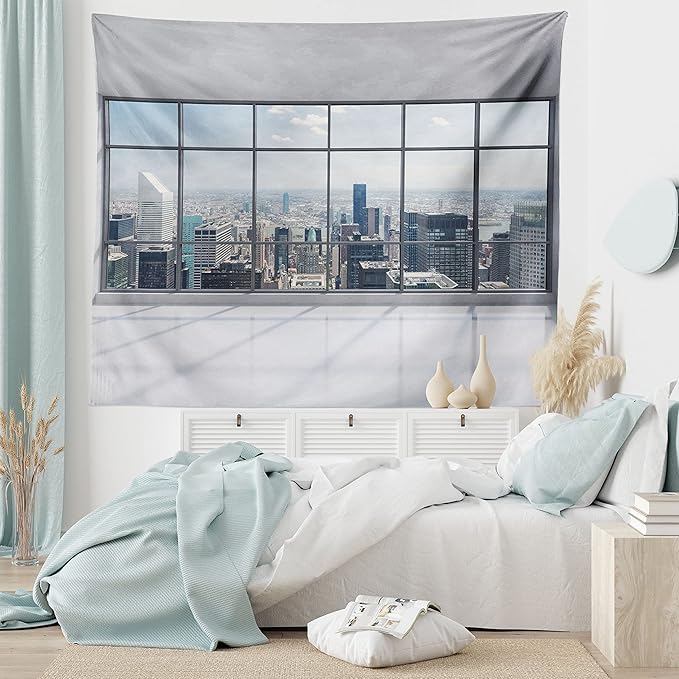 Ambesonne City Tapestry, Clean Office with Big Window Downtown Skyscraper Buildings Domestic Cityscape Art, Fabric Wall Hanging Decor for Bedroom Living Room Dorm, 28" X 23", Grey White