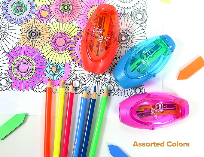 Bostitch Office Twist-N-Sharp Manual Pencil Sharpener, 2 Holes for Standard and Jumbo Pencils with Ratchet Technology, 1 Sharpener Random Color