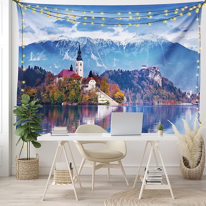Ambesonne Landscape Tapestry Queen Size, Photo of Bled in Slovenia with Lake Snowy Mountains and a Castle Pastoral Scenery, Wall Hanging Bedspread Bed Cover Wall Decor, 88" X 88", Blue Lavender