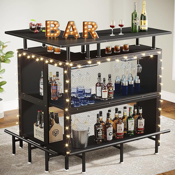 Tribesigns Home Bar Unit, L-Shaped Bar Table with Stemware Racks and 2-Tier Shelves, Corner Mini Coffee Liquor Cabinet with Footrest for Home/Kitchen/Pub, Black