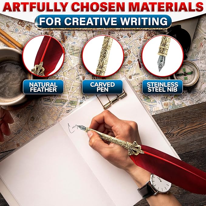 Classic Goose Feather Pen and Ink Set - Old Fashion Red Feather Quill Pen and Ink Set with Stainless Steel Nib for Calligraphy Practice, Drawing & Signatures - Thoughtful Writer Gifts