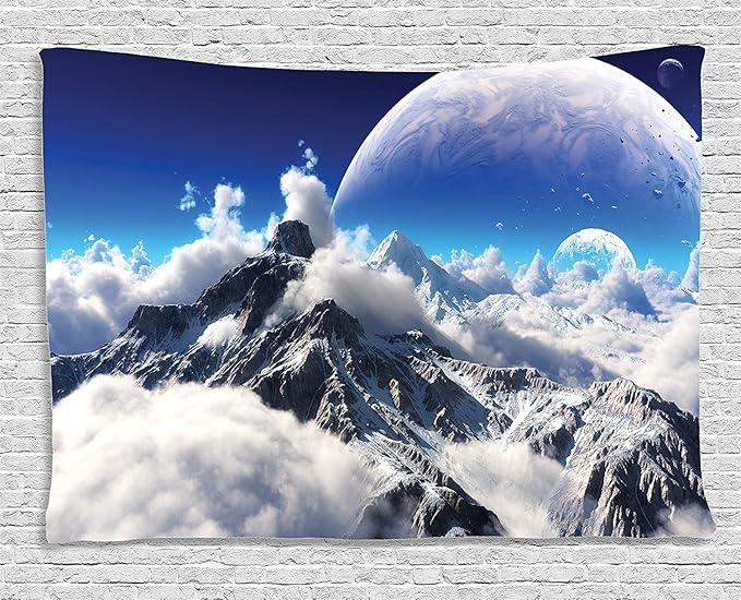 Ambesonne Fantasy Tapestry, Celestial View of Snow Capped Mountains and Alien Planet Print, Wide Wall Hanging for Bedroom Living Room Dorm, 60" X 40", White and Navy Blue