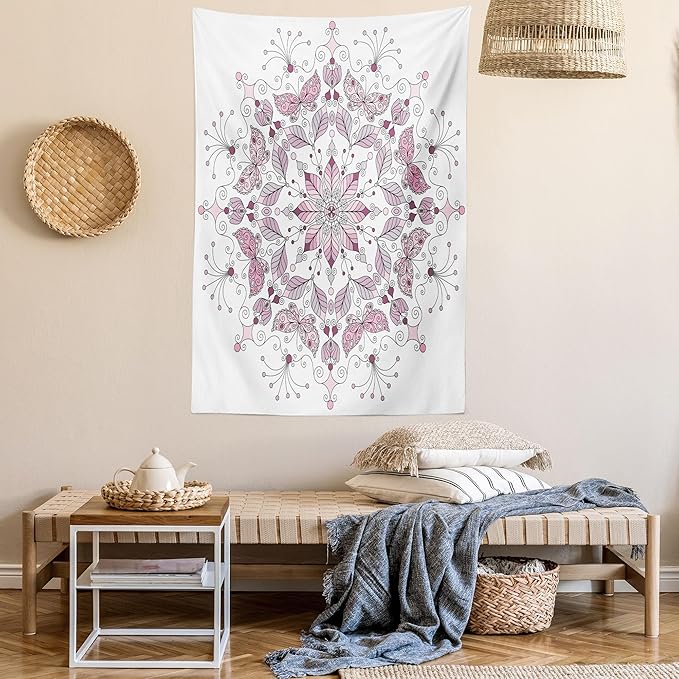 Ambesonne Mandala Tapestry Queen Size, Lacy Inspired Pastel Floral Motif with Butterfly and Lotus Branches Design, Wall Hanging Bedspread Bed Cover Wall Decor, 88" X 88", White Pale Pink