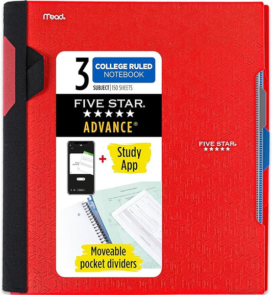 Five Star Advance Spiral Notebook + Study App, 3 Subject, College Ruled Paper, 8-1/2" x 11", 150 Sheets, Spiral Guard, Movable Tabbed Dividers, Fire Red (73134)