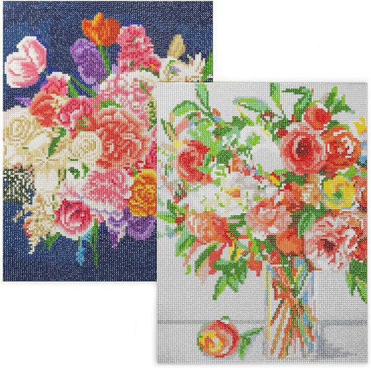 Arteza 5D Diamond Painting Kit, 2-Pack, Floral Designs, Full-Drill Diamond Art for Adults, 12 x 16 Inches Canvases, Round Rhinestones, & Painting Accessories, Bead Art Craft Supplies