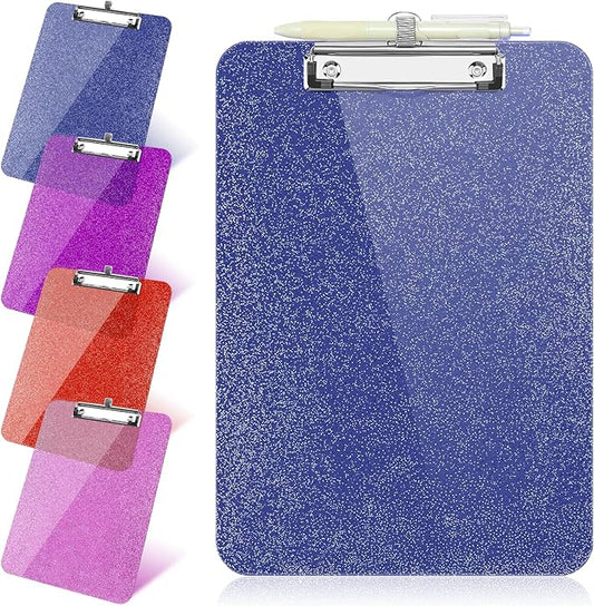 1 Pcs Clear Glitter Clipboards, Plastic Clipboard with Pen Holder,Size 8.85 x 12.4 in Shiny Clipboards with Low Profile Clip,Cute Hanging Clipboard for Office Supplies Sparkly Clip Board-Navy Blue
