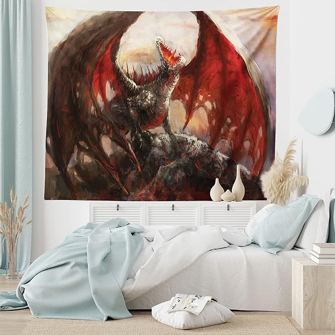 Ambesonne Fantasy World Tapestry, Majestic Dragon Resting on Mountain Mythological Fire-Spewing Creature Print, Fabric Wall Hanging Decor for Bedroom Living Room Dorm, 45" X 30", Brown Red