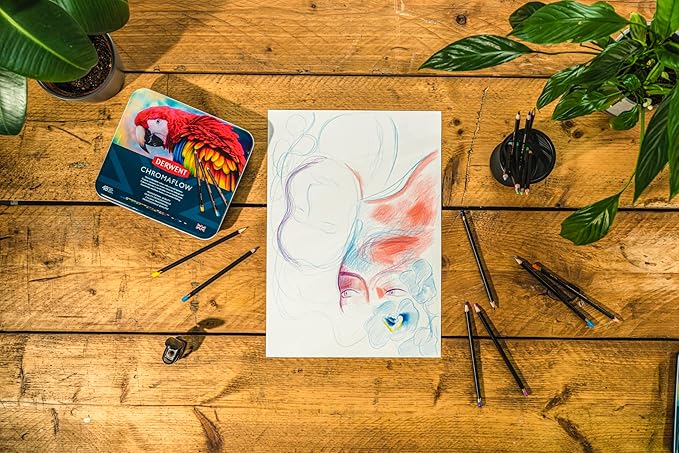 Derwent Chromaflow Colored Pencils Tin, Set of 48, Great for Holiday Gifts, 4mm Wide Core, Multicolor, Smooth Texture, Art Supplies for Drawing, Blending, Sketching, Professional Quality (2306013)