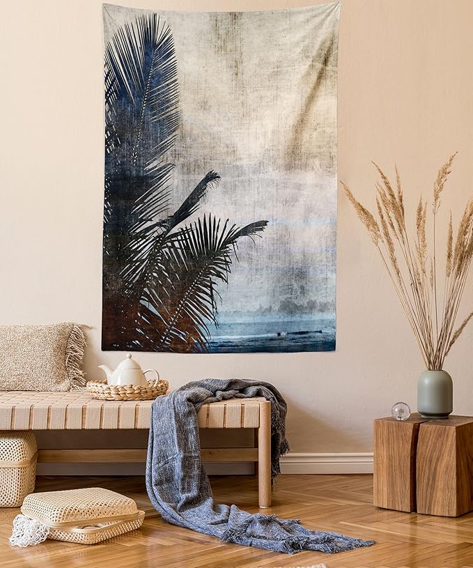 Ambesonne Hawaiian Tapestry, Palm Tree Leaves on Grunge Background with Sea Vintage Waterscape Illustration, Fabric Wall Hanging Decor for Bedroom Living Room Dorm, 30" X 45", Beige Indigo