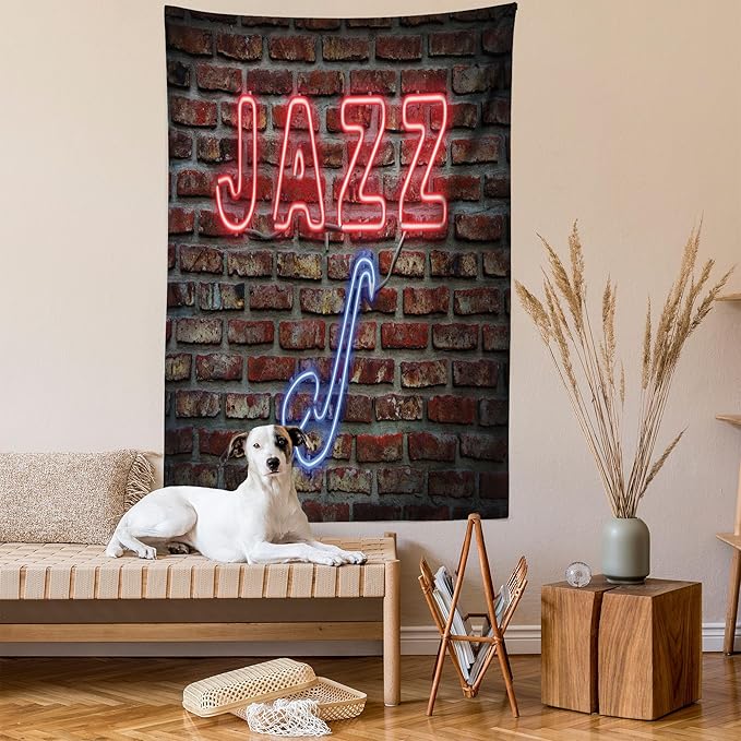 Ambesonne Music Tapestry Twin Size, Image of Alluring Neon All Jazz Sign Saxophone Instrument on Brick Wall Print, Wall Hanging Bedspread Bed Cover Wall Decor, 68" X 88", Red Blue