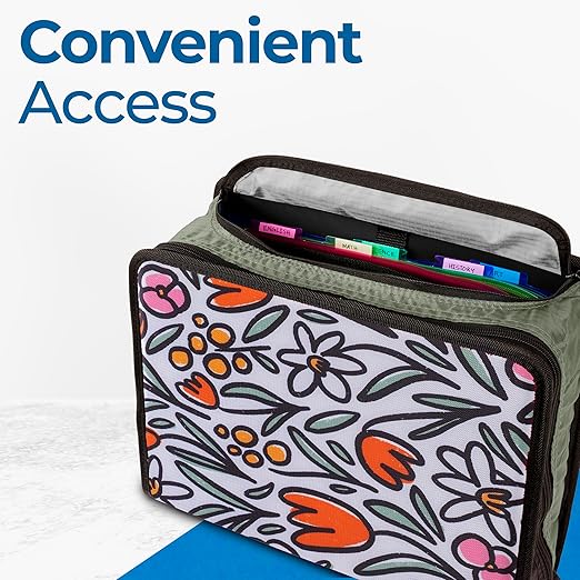 Case-it Mighty Zip Tab School Zipper Binder, 3-Inch O-Rings, 600-Sheet Capacity, 5-Subject Expanding File Folder, Multiple Pockets & Storage Organizer, Shoulder Strap, D-146 Fun Flowers (Pack of 6)