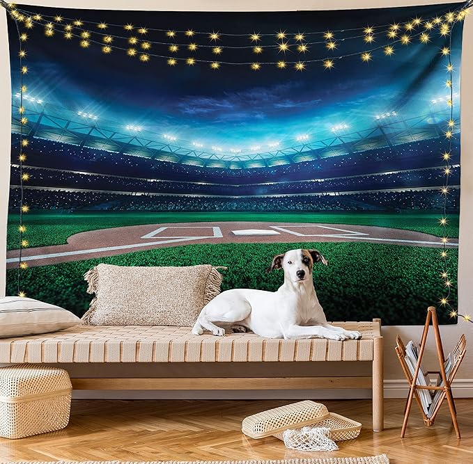 Ambesonne Baseball Tapestry, Professional Baseball Field at Night Vibrant Playground Stadium League Theme Print, Fabric Wall Hanging Decor for Bedroom Living Room Dorm, 45" X 30", Navy Green
