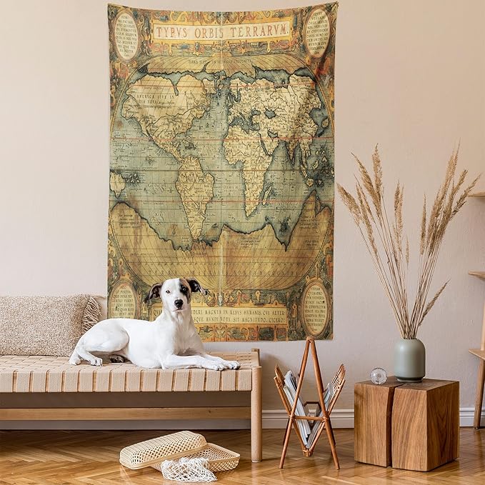 Ambesonne World Map Tapestry, Vintage Design Composition of 16th Century Atlas Print Travel Concept, Wall Hanging for Bedroom Living Room Dorm Decor, 60" X 80", Sand Brown Slate Blue