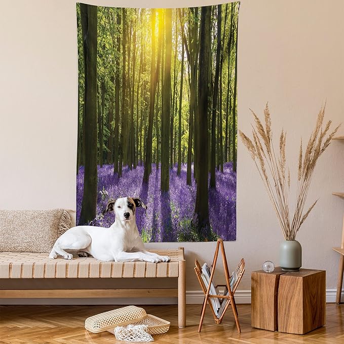 Ambesonne Woodland Tapestry, Sunbeams in the Forest of Bluebells Blooms Deep in Woodland Oxfordshire, Fabric Wall Hanging Decor for Bedroom Living Room Dorm, 30" X 45", Violet Green Yellow