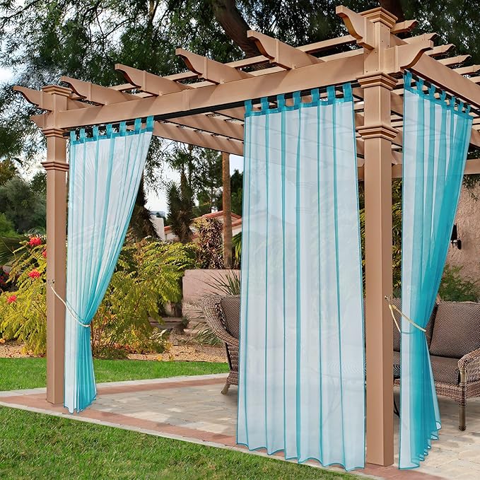 NICETOWN 2 Panels Outdoor Sheer Curtains for Patio Waterproof, Detachable Sticky Tab Top Elegant & Airy Sheer Lightweight Drapes for Pergola/Cabana, Turquoise, W54 x L108