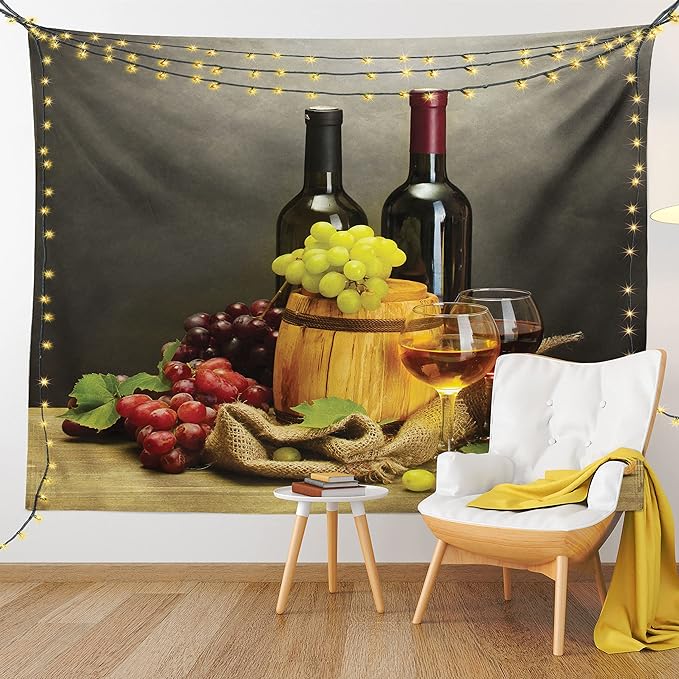 Ambesonne Winery Tapestry King Size, Cask Bottles and Glasses of Wine and Ripe Grapes on Wooden Table Picture Print, Wall Hanging Bedspread Bed Cover Wall Decor, 104" X 88", Grey Taupe