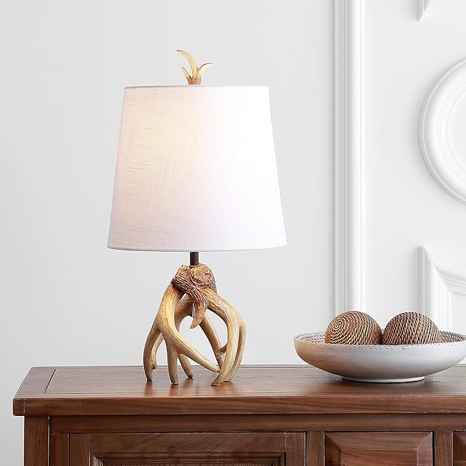 JONATHAN Y 19" Natural Antler Resin Table Lamp, Rustic Coastal Mountain Cabin Bedside Nightstand Lamp for Living Room, White Linen Shade, UL Listed, LED Bulb Included JYL4034A