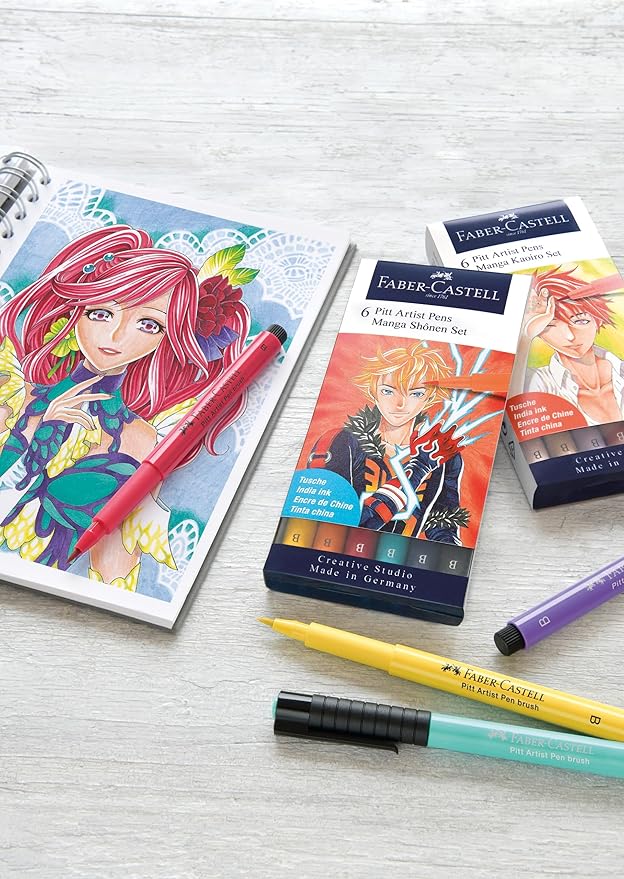 Faber-Castell Pitt Artist Pen Manga Kaoiro Drawing and Illustration Wallet - 6 India Ink Artist Markers