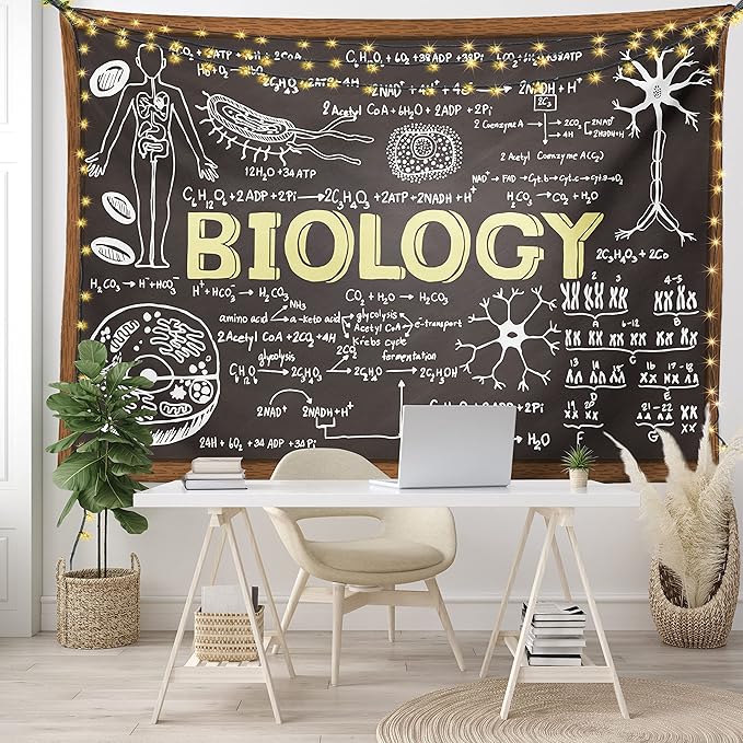 Ambesonne Science Tapestry, Black Chalkboard Biology Hand Written, Wide Wall Hanging for Bedroom Living Room Dorm, 80" X 60", Black Brown Pale Yellow