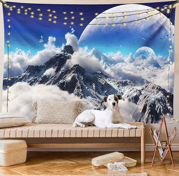 Ambesonne Fantasy Tapestry Queen Size, Celestial View of Snow Capped Mountains and Alien Planet Print, Wall Hanging Bedspread Bed Cover Wall Decor, 88" X 88", White and Navy Blue