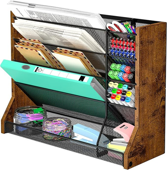 Wall Desk File Organizer 5 Tiers, Ironwood Hanging File Organizer with R-shaped Tray, Wall File Holder for Office Home, 4 Pull-Out Divider and Pen Slots to Sort File,Mail,Newspaper,Pen, Brown