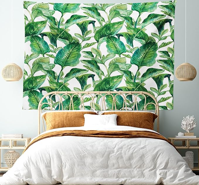 Ambesonne Leaf Tapestry King Size, Romantic Holiday Island Hawaiian Banana Trees Watercolored Image, Wall Hanging Bedspread Bed Cover Wall Decor, 104" X 88", Forest Green