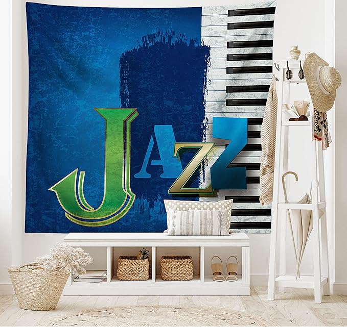 Ambesonne Jazz Music Tapestry King Size, Abstract Cracked Background Piano Keys Themed Print Rhytym Image, Wall Hanging Bedspread Bed Cover Wall Decor, 104" X 88", Navy Green White
