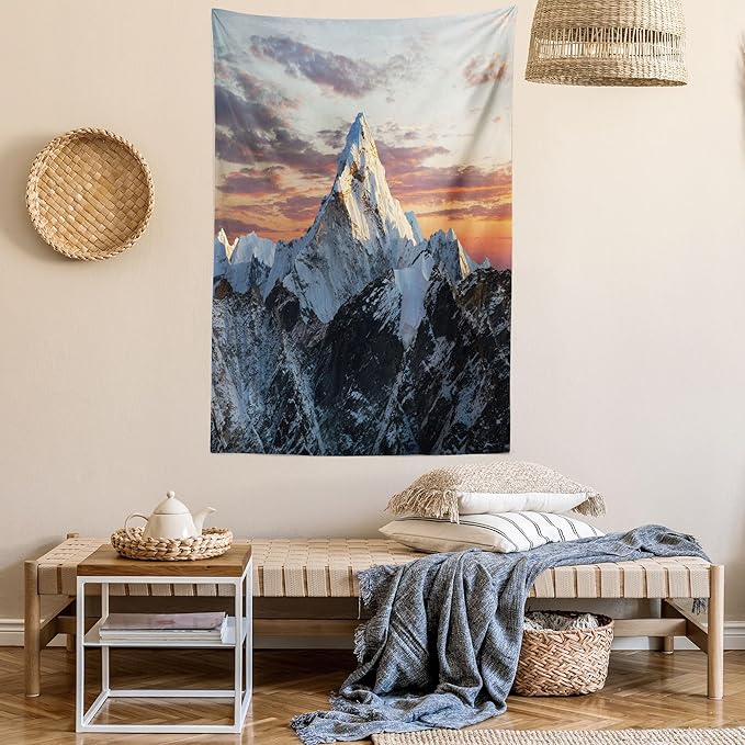Ambesonne Mountain Tapestry, Evening South High Hill Above the Sky Colorful Nepal Everest Photo, Fabric Wall Hanging Decor for Bedroom Living Room Dorm, 23" X 28", Bluegrey Salmon