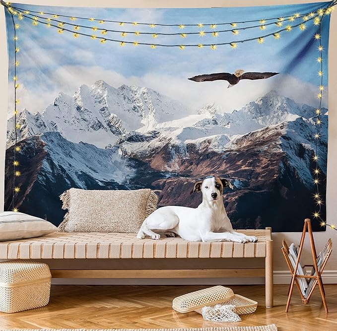 Ambesonne Mountain Tapestry Queen Size, Frozen Peaks Tops of the Mountain with a Flying Eagle Free in Nature Photo, Wall Hanging Bedspread Bed Cover Wall Decor, 88" X 88", Brown White Blue
