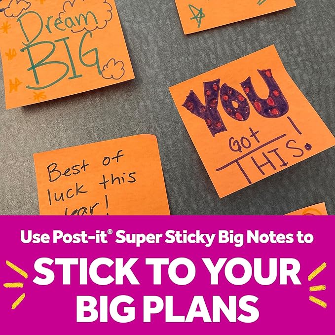 Post-it Super Sticky Big Notes, 8 in. x 8 in., Extra Large Sticky Notes in Papaya Fizz, 2 pads, 60 Sheets Total, Great for Vision Boards, Creative Projects, Study Spaces, Group Brainstorming, and More
