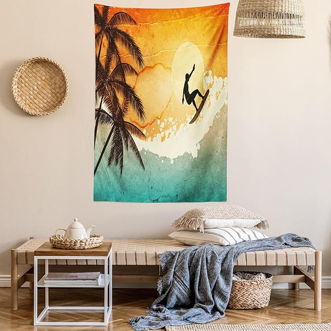Ambesonne Grunge Tapestry, Illustration of Tropical Island Surfer on Sea Waves and Palms at Sunset, Wall Hanging for Bedroom Living Room Dorm Decor, 60" X 80", Orange Turquoise Black