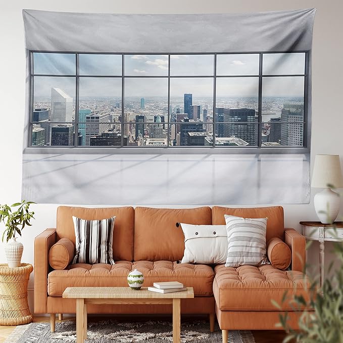 Ambesonne City Tapestry Twin Size, Clean Office with Big Window Downtown Skyscraper Buildings Domestic Cityscape Art, Wall Hanging Bedspread Bed Cover Wall Decor, 68" X 88", Grey White