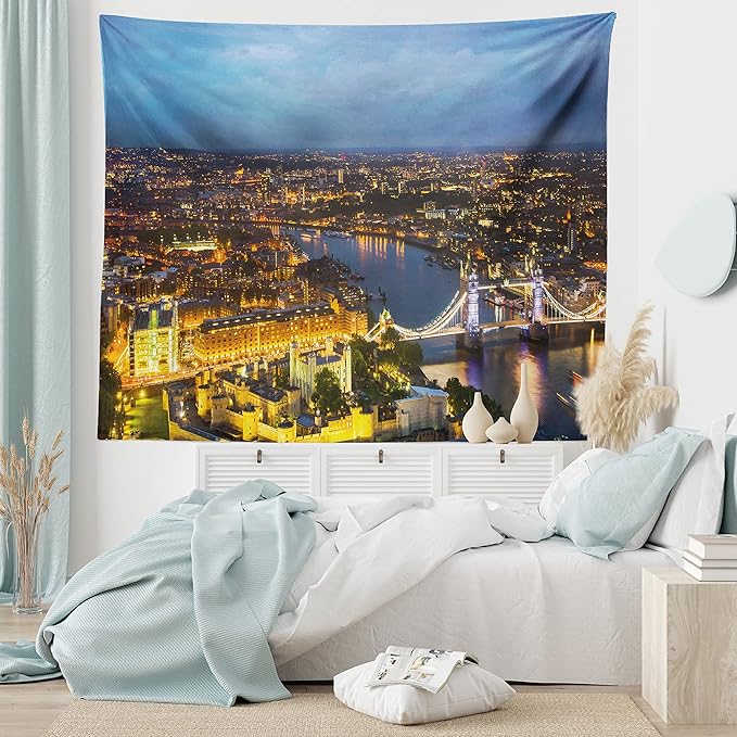 Ambesonne Modern Tapestry Twin Size, Sunset at London England Cityscape Night Time and Tower Bridge Landmark Urban, Wall Hanging Bedspread Bed Cover Wall Decor, Twin Size, Yellow Bluegrey