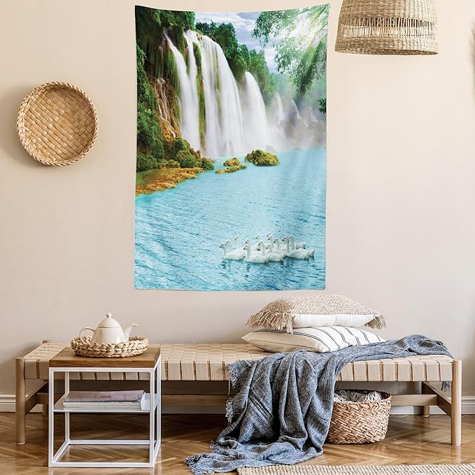 Ambesonne Waterfall Tapestry, Image of a Grand Waterfall with Swans in the Lake Sunny Day Nature Print, Fabric Wall Hanging Decor for Bedroom Living Room Dorm, 23" X 28", White Green