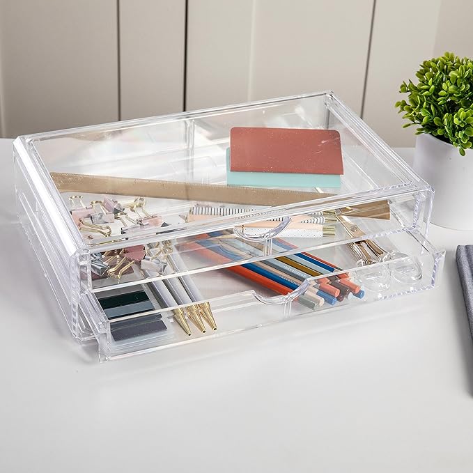 Martha Stewart Brody Desk Organizer with 2 Drawers, Stackable Plastic Desk Storage Box, Organizer for Office, Bathroom, Countertop or Dorm, 12.75" x 7.75", Clear