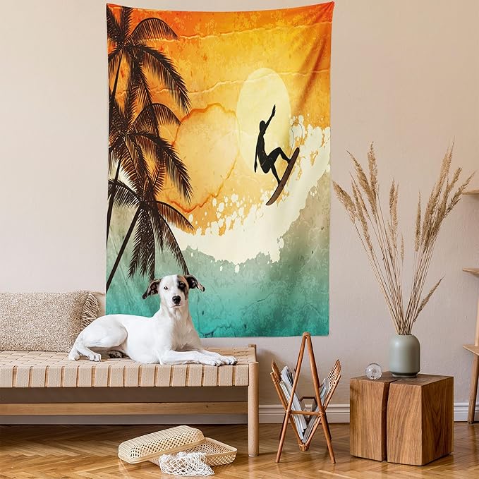 Ambesonne Grunge Tapestry Twin Size, Illustration of Tropical Island Surfer on Sea Waves and Palms at Sunset, Wall Hanging Bedspread Bed Cover Wall Decor, 68" X 88", Orange Turquoise Black