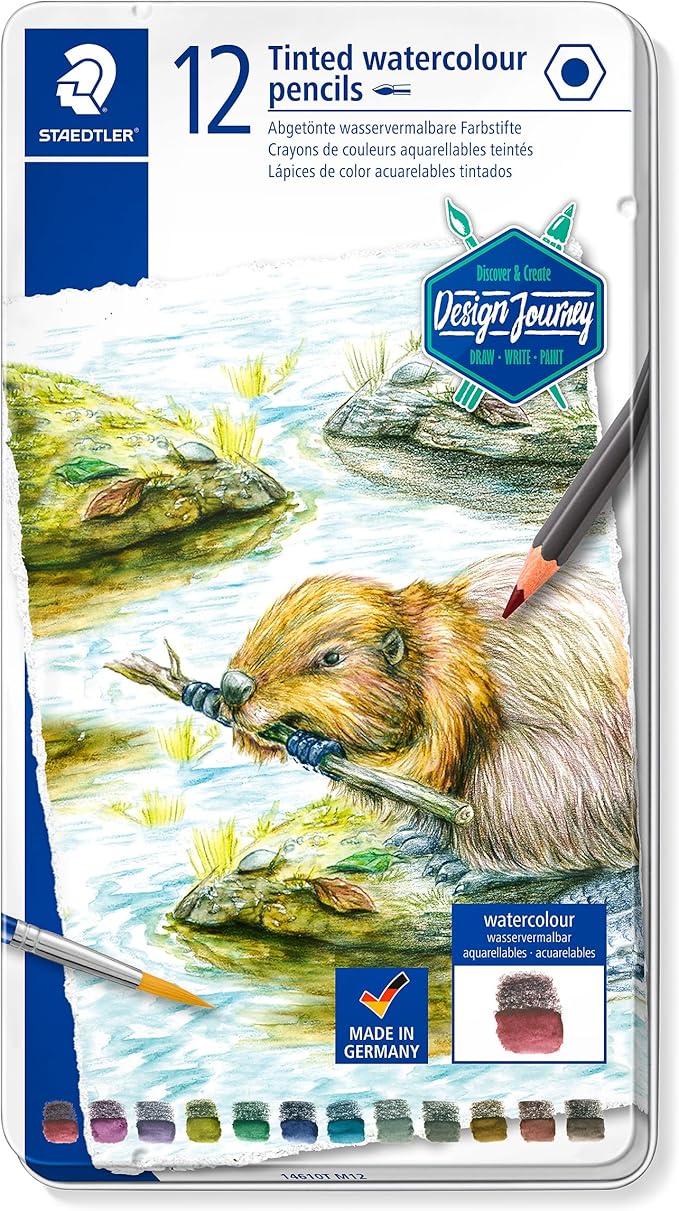 Staedtler Water-Soluble Tinted Graphite Pencils, Watercolor Artist Set, Pre-sharpened, 12 Colors in Metal Tin, 14610T M12