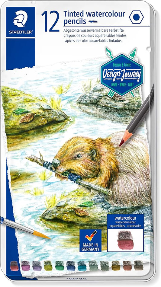 Staedtler Water-Soluble Tinted Graphite Pencils, Watercolor Artist Set, Pre-sharpened, 12 Colors in Metal Tin, 14610T M12