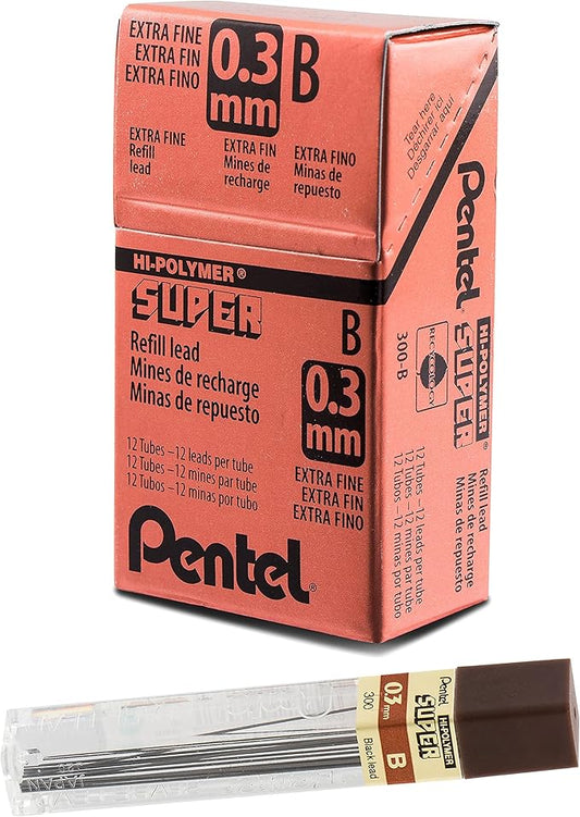 Pentel Super Hi-Polymer Lead, 0.3mm Extra Fine, B, 12 Pcs/Tube, Box of 12 Tubes (300-B)