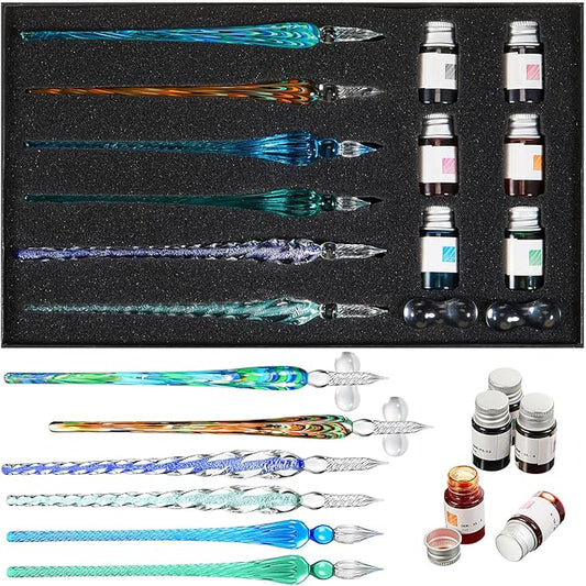 Zonon Glass Dipped Pen Ink Set 14 Pcs Include 6 Pcs Glass Dip Pen, 6 Colorful India Ink and 2 Holder Crystal Signature Calligraphy for Art, Writing, Gift(Green Color System)