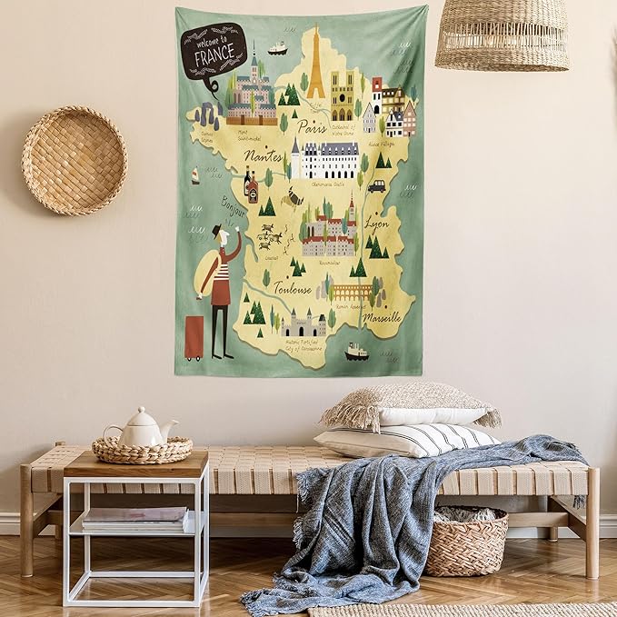 Ambesonne France Tapestry, Travelling Themed French Map with Famous Landmarks in Doodle Style Print, Fabric Wall Hanging Decor for Bedroom Living Room Dorm, 30" X 45", Teal Pale Yellow