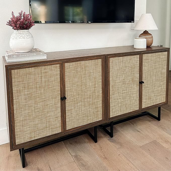 Nathan James Kova Bohemian Rattan Sideboard or TV Stand, Wooden Storage Cabinet with Doors, Walnut Sideboard Buffet or Rattan Accent Storage Cabinet with Matte Black Legs, Set of 4